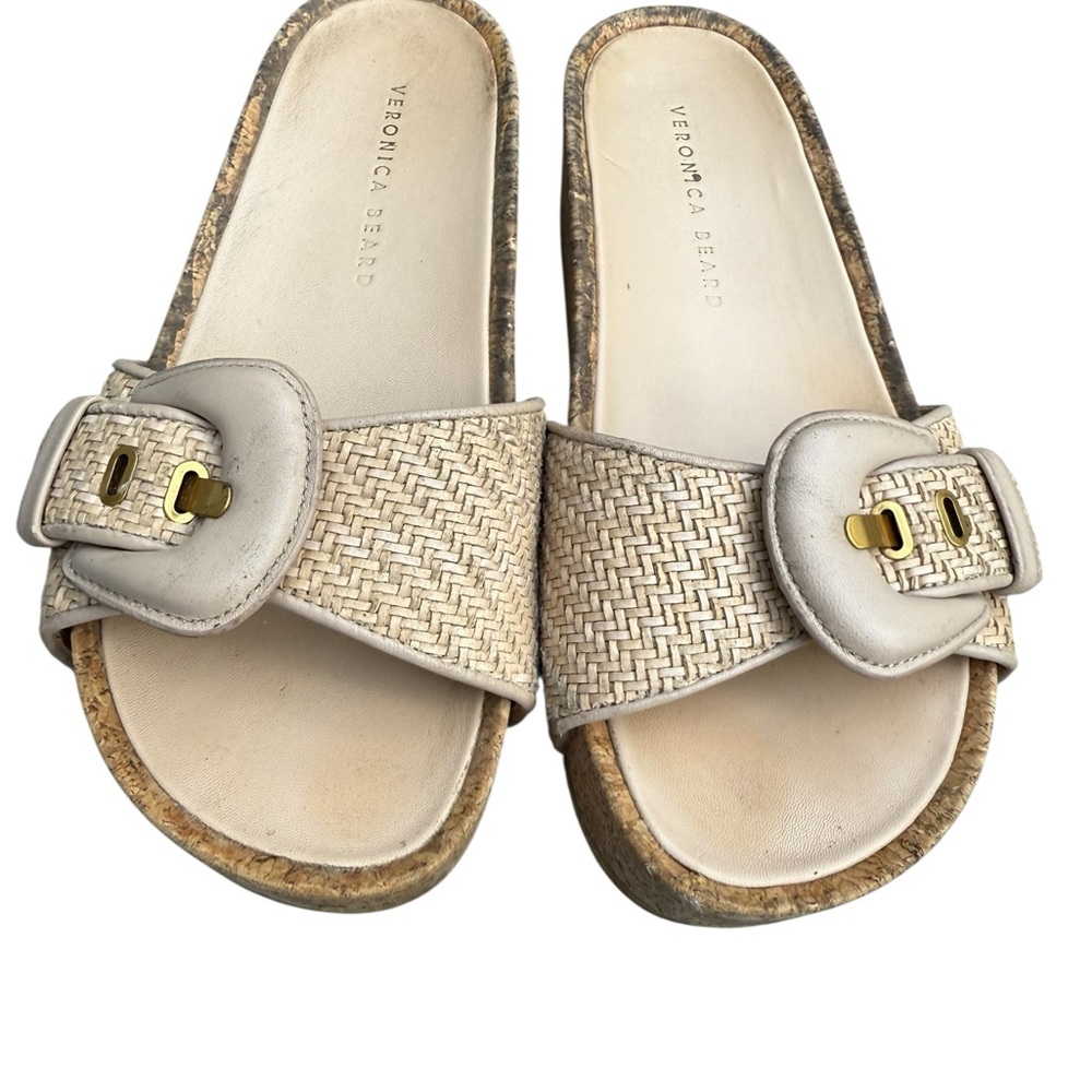 Veronica Beard Beige Woven Slides Wedge Heel Buckle - Picture 11 of 11